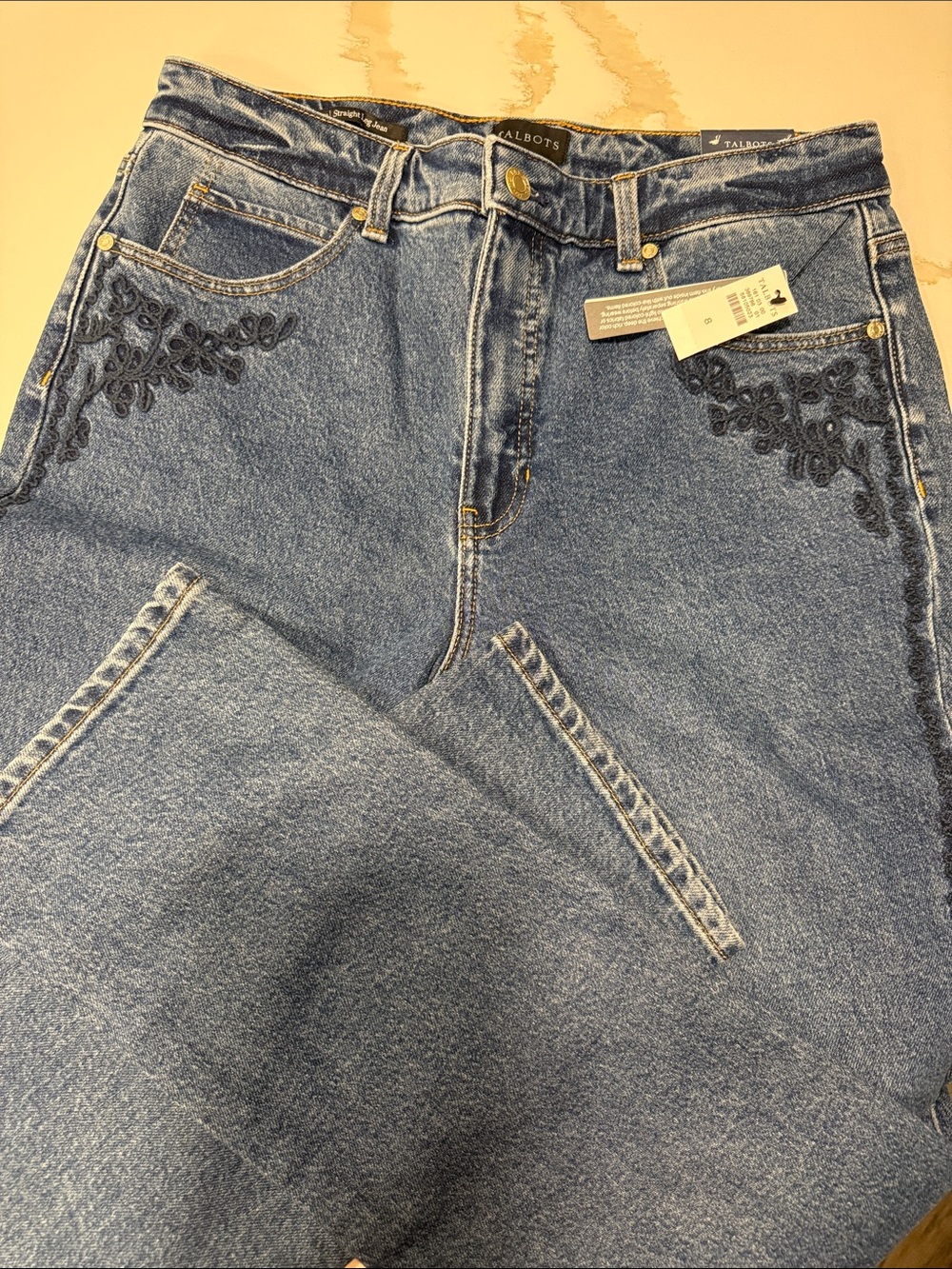 Talbots Blue Denim High-Rise Jeans with Floral Embroidery